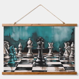 Aquamarine Grunge Schach Bar Wandteppich Mit Holzrahmen