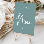 Aquamarine, handgescripte Table NINE Tischnummer<br><div class="desc">Einfache und schicke Tischnummer-Karten in staubigen aquamarinen Aqua und Weiß machen eine elegante Aussage bei Ihrer Hochzeit oder Veranstaltung. Das Design bietet "table [number]" in einem spannenden Mix aus klassischen Serifen und handgeschriebenen Skripten. Design wiederholt sich auf beiden Seiten. Einzelne nummerierte Karten werden separat verkauft; bestellen Sie jede Tischnummer einzeln...</div>