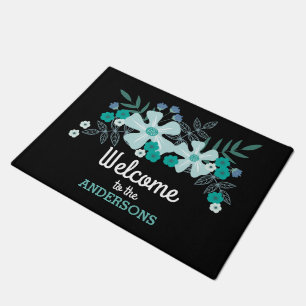 Aquamarine handgezogene Blume, Personalisiert Fußmatte