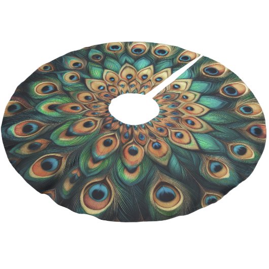 Aquamarine harte Pastelle Zeichnend Pfauenfedern Polyester Weihnachtsbaumdecke (Schrägansicht)