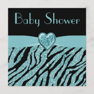 Aquamarine Herz-u. Zebra-Glitzer-Baby-Druckdusche Einladung