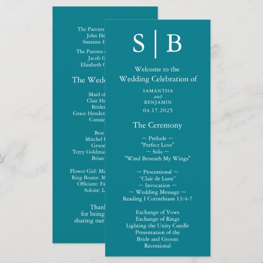 Aquamarine Hochzeit der klassischen Monogramm Programm (Vorne/Hinten)