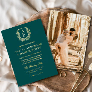 Aquamarine Hochzeit des Green Gold Leafy Wappen Fo Folieneinladung