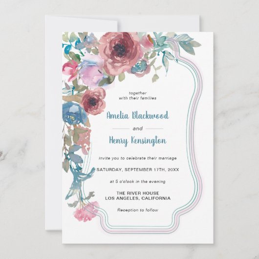 Aquamarine Hochzeit in Blau und Rosa Einladung (Vorderseite)