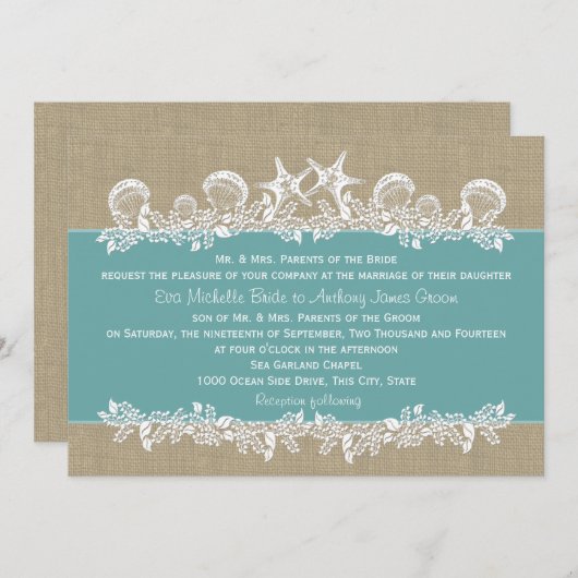Aquamarine Hochzeit in Sea Garland Einladung (Vorne/Hinten)