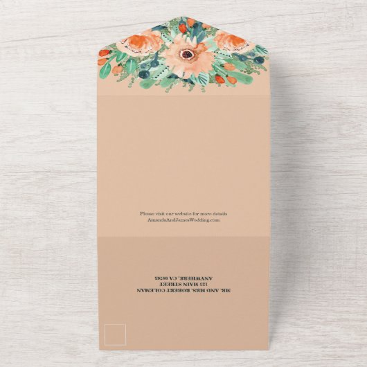 Aquamarine Hochzeit mit Aquarellpfirsich All In One Einladung (Außenbereich)