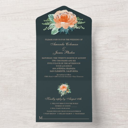 Aquamarine Hochzeit mit Aquarellpfirsich All In One Einladung (Innen Boden)