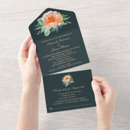 Aquamarine Hochzeit mit Aquarellpfirsich All In One Einladung