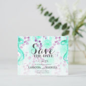 Aquamarine Hochzeit mit Floral Lila Save The Date (Stehend Vorderseite)