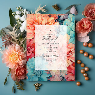 Aquamarine Hochzeit mit Korallen und Champagner Einladung