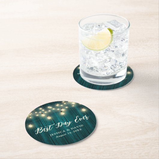 Aquamarine Hochzeit mit rustikalen Holzsäulen Runder Pappuntersetzer (Vor Ort)