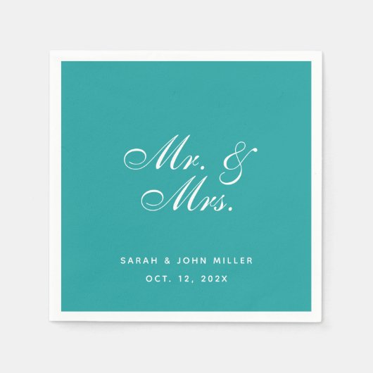 Aquamarine Hochzeit Mr. and Mrs. Elegant Script Serviette (Vorderseite)