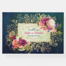 Aquamarine Hochzeit, Navy, Green, Gold Bold Floral Gästebuch
