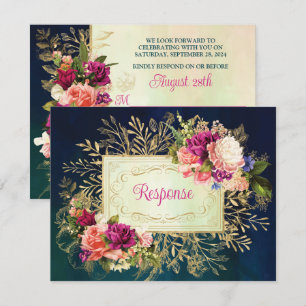 Aquamarine Hochzeit, Navy, Green, Gold Bold Floral RSVP Karte