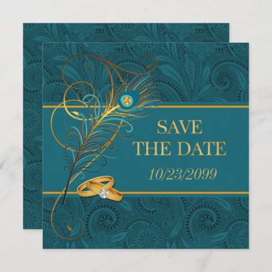 Aquamarine Hochzeit Pfau Save The Date (Vorne/Hinten)