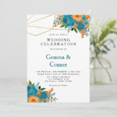 Aquamarine Hochzeit und Orangefarbene Hochzeit Einladung (Stehend Vorderseite)