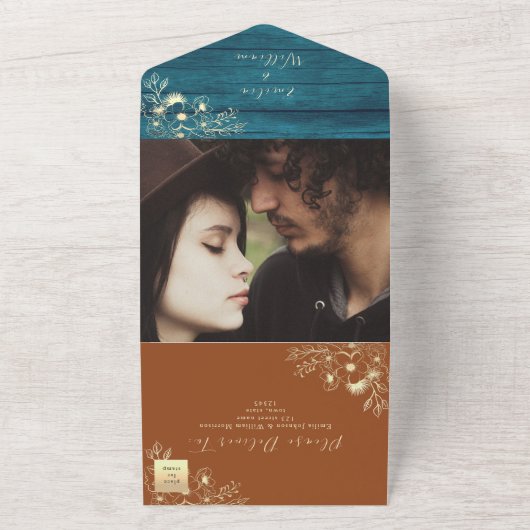 Aquamarine Hochzeit und Terracotta All In One Einladung (Außenbereich)