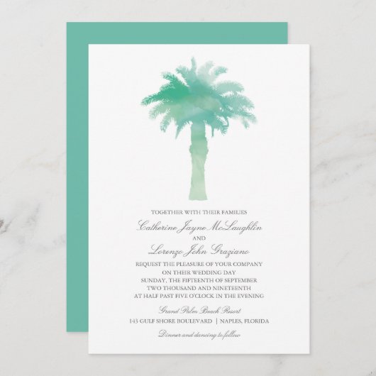 Aquamarine Hochzeit von Grünem Wasserfarbenpalmen Einladung (Vorne/Hinten)