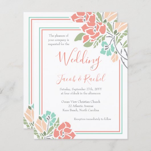 Aquamarine Hochzeitseinladung von Blumenkorallen (Vorne/Hinten)