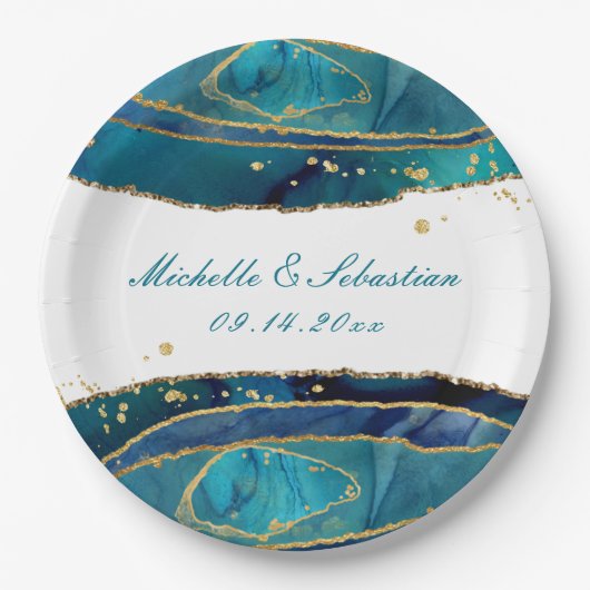 Aquamarine Hochzeitsempfehlung für Aquarellgoldver Pappteller (Vorderseite)