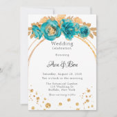 Aquamarine Hochzeitsfeier mit Goldener Peonie Einladung (Vorderseite)