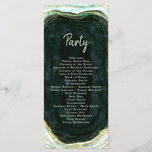 Aquamarine Hochzeitsfeier mit Green & Gold Agate Programm (Rückseite)