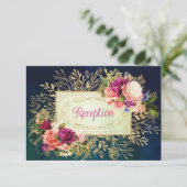 Aquamarine Hochzeitsfeier, Navy, Gold Bold Florals Einladung (Stehend Vorderseite)