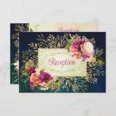 Aquamarine Hochzeitsfeier, Navy, Gold Bold Florals Einladung (Vorne/Hinten)