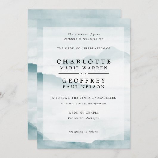 Aquamarine Hochzeitslandschaft in Aquarellen Einladung (Vorne/Hinten)