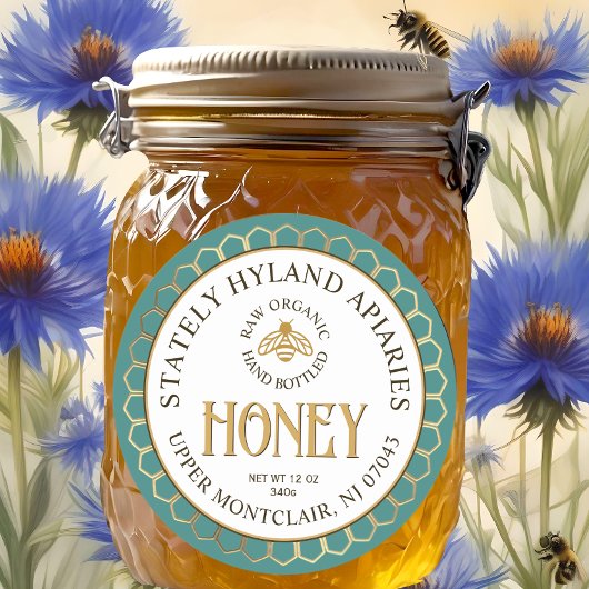 Aquamarine Honigwabengrenze und Biene Runder Aufkleber