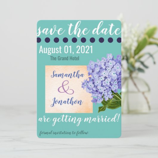 Aquamarine Hydrangea Save the Date Hochzeitskarte (Stehend Vorderseite)