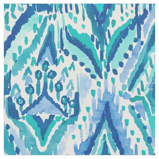 Aquamarine Ikat Fransen-Stammes- Aquarell Stoff (Nahaufnahme)