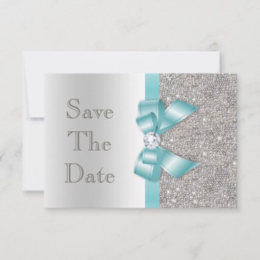 Aquamarine Imitate Bow & Diamonds Silver Save the Date (Vorderseite)