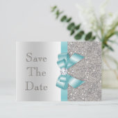 Aquamarine Imitate Bow & Diamonds Silver Save the Date (Stehend Vorderseite)