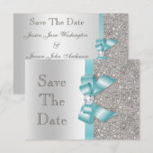 Aquamarine Imitate Bow & Diamonds Silver Save the Date (Vorne/Hinten)