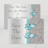 Aquamarine Imitate Bow & Diamonds Silver Save the  Date (Vorne/Hinten)