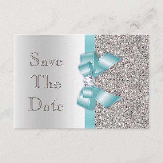 Aquamarine Imitate Bow & Diamonds Silver Save the  Date (Vorderseite)