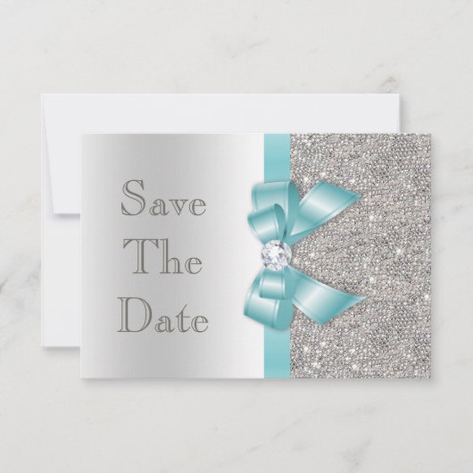 Aquamarine Imitate Bow & Diamonds Silver Save the  Save The Date (Vorderseite)