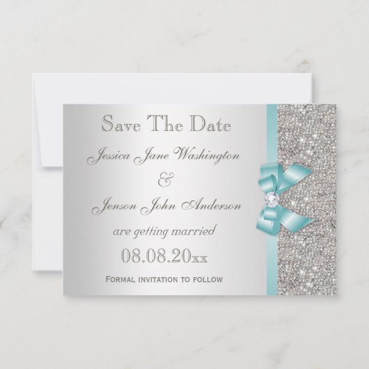 Aquamarine Imitate Bow & Diamonds Silver Save the Save The Date (Rückseite)
