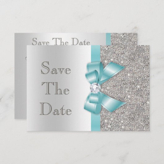Aquamarine Imitate Bow & Diamonds Silver Save the Save The Date (Vorne/Hinten)