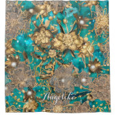 Aquamarine Imitate Gold Glitzer Abstrakte Blume Duschvorhang (Vorderseite)