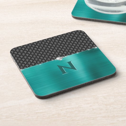 Aquamarine Imitate Metallhandschuh und Monogramm Getränkeuntersetzer (Linke Seite)