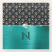 Aquamarine Imitate Metallhandschuh und Monogramm Glasuntersetzer (Vorderseite)