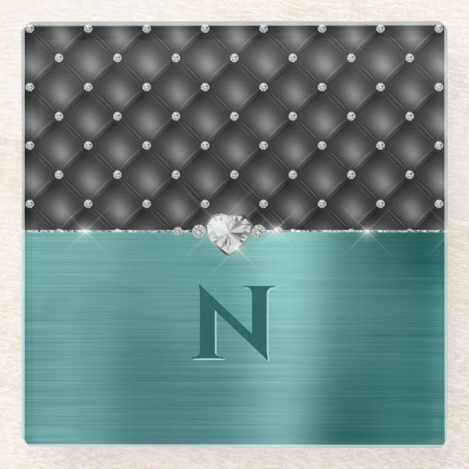 Aquamarine Imitate Metallhandschuh und Monogramm Glasuntersetzer (Vorderseite)