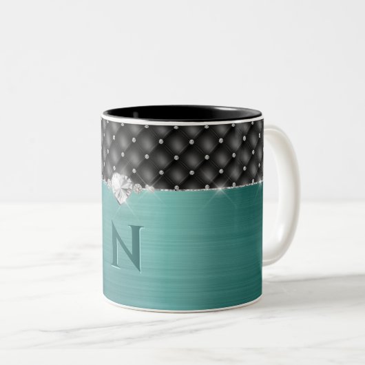 Aquamarine Imitate Metallhandschuh und Monogramm Zweifarbige Tasse (VorderseiteRechts)