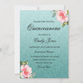 Aquamarine Imitate mit Blumenbezug Glitzer Quincea Einladung (Vorderseite)