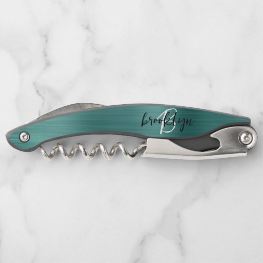 Aquamarine Imitate Pinselmetall-Monogramm-Skripte Kellnermesser (Rückseite)