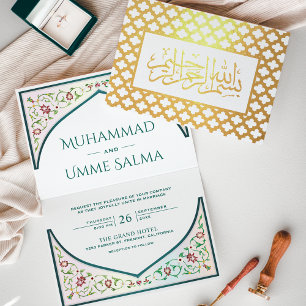 Aquamarine islamische Hochzeit in Gold-Perserbogen Folienkarte