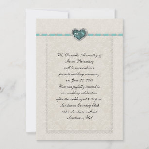Aquamarine Jewel Heart Ribbons & Lace Post Wedding Einladung