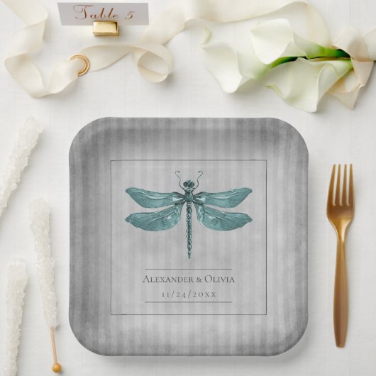 Aquamarine Jeweled Dragonfly-Hochzeit Pappteller (Hochzeit)